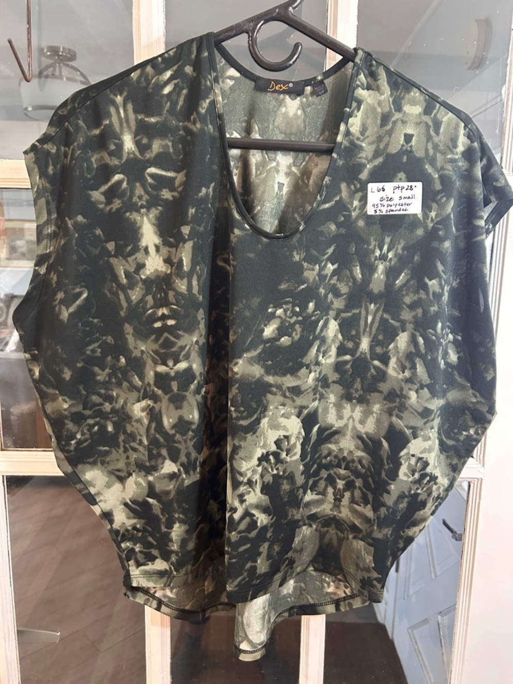 L66.     Dex Olive and Cream Tie-Dye V-Neck Blouse